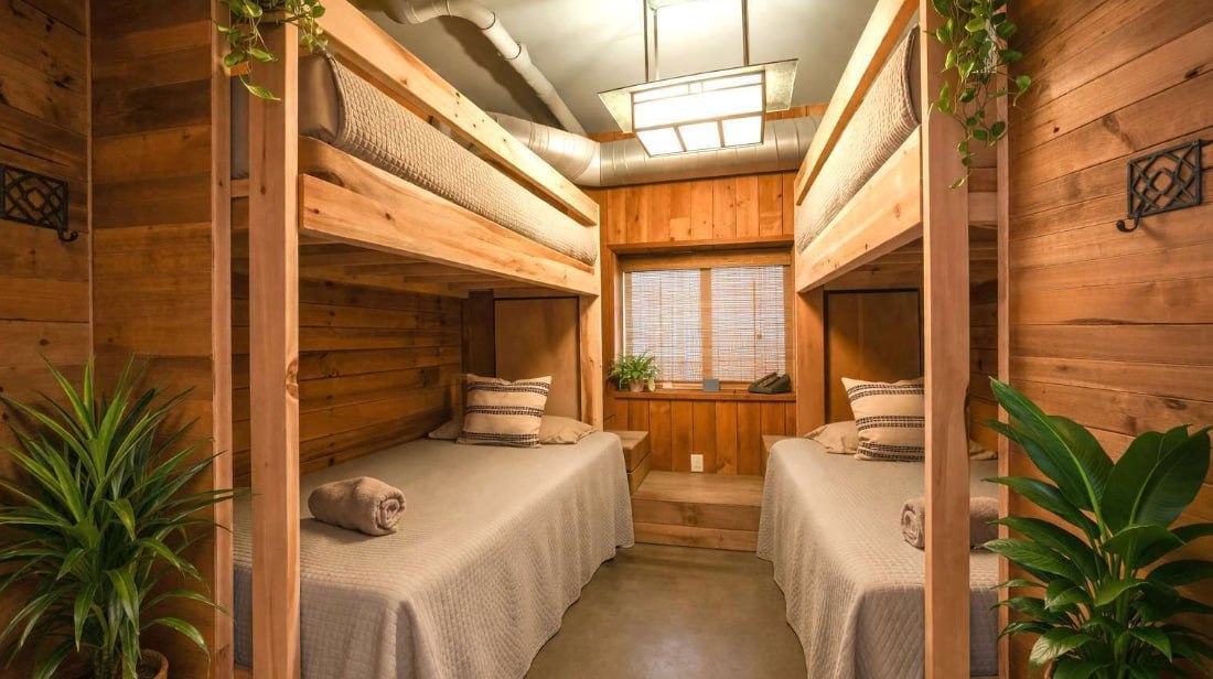 Bunk room with plants and wood paneling