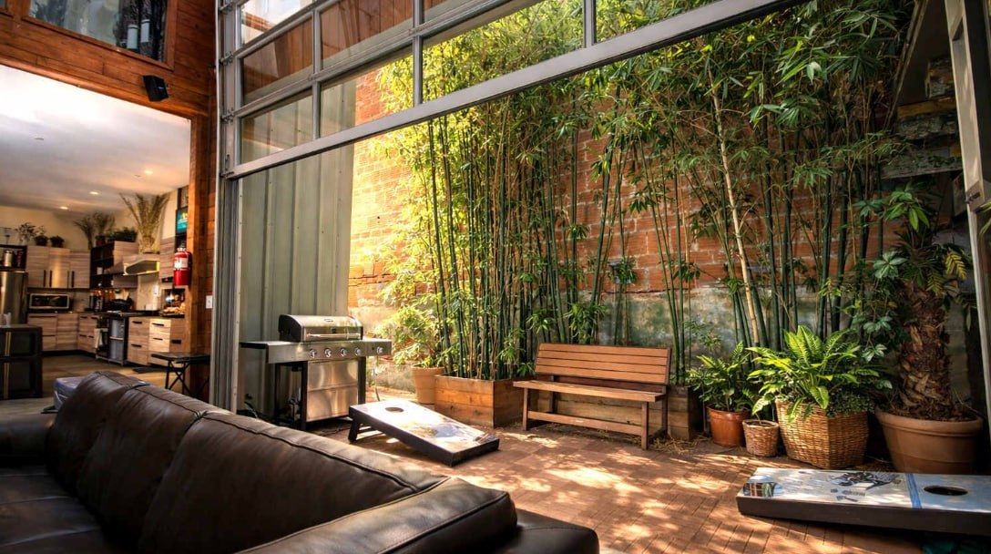 Courtyard with grill, bamboo, and garage door open to lounge