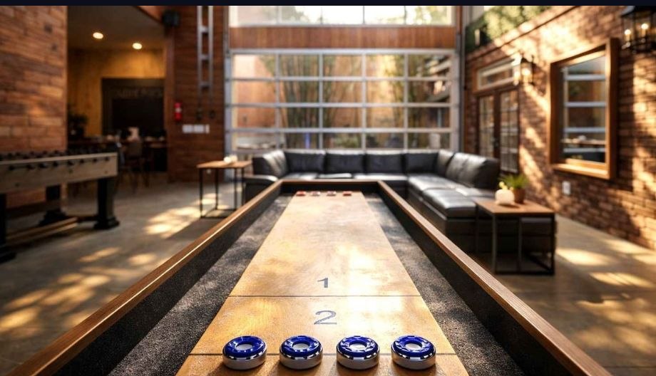 Shuffleboard table and lounge area